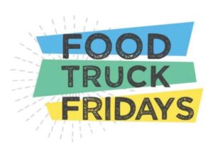 white background with blue, green and yellow that says food truck Friday