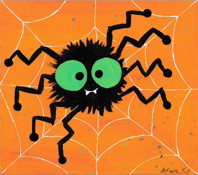 black spider with green eyes and a orange background