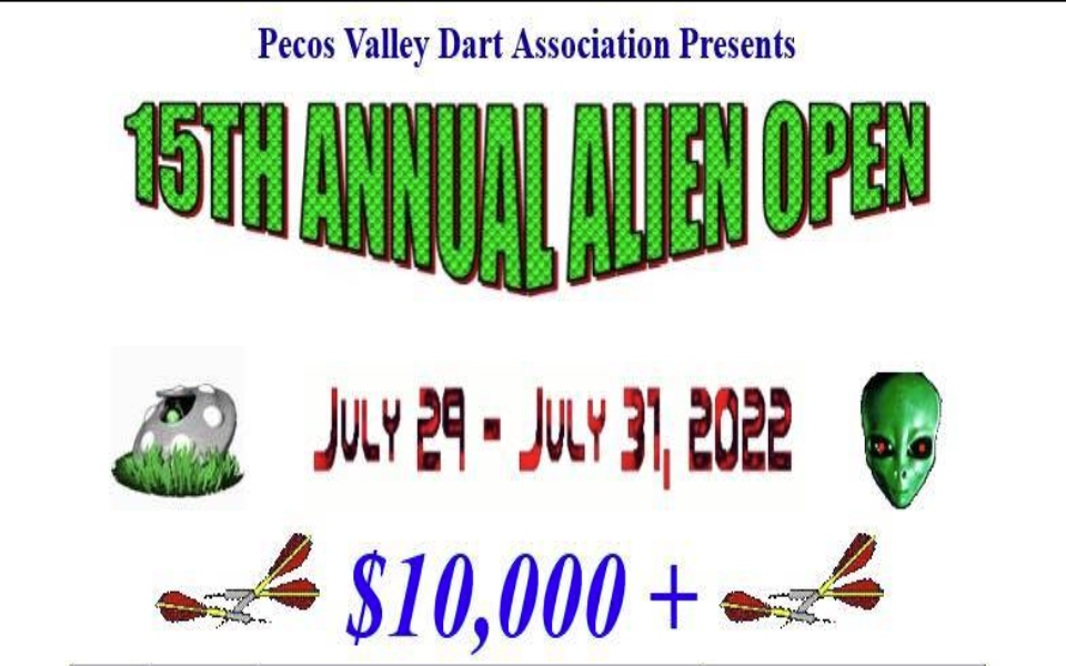 15th annual alien open banner with alien, spaceship, and darts