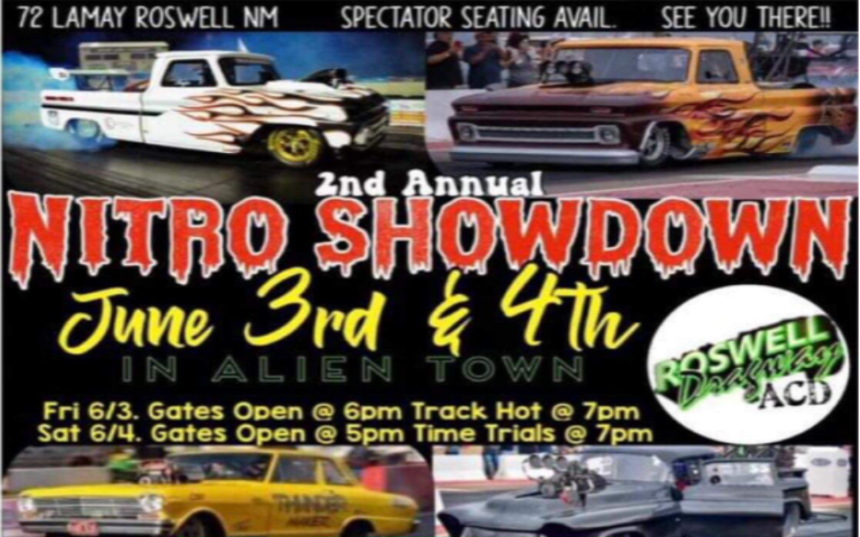2nd annual Nitro Showdown banner with date and times of event and cars
