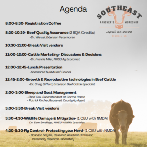 gray background with field and cattle with text of the event agenda