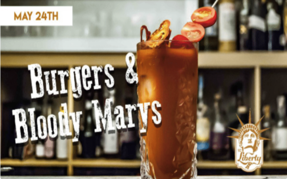 Photo of a bloody mary with event title and liberty logo