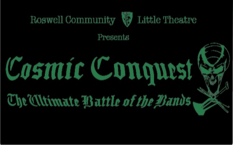 Cosmic Conquest event banner with alien skull with drum sticks and mic stand