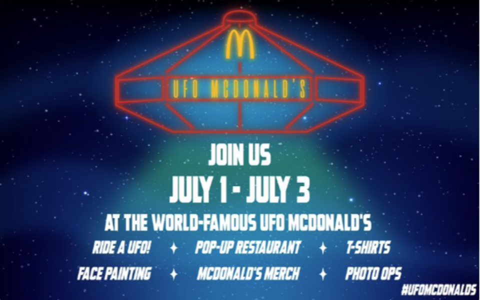 Event banner with details of event with UFO McDonalds Logo
