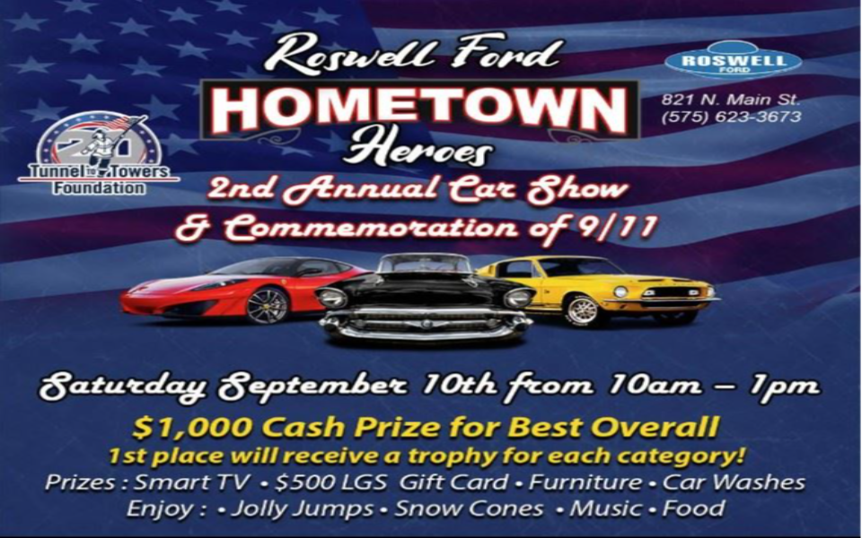 Hometown Heroes banner with event details and 3 cars on it