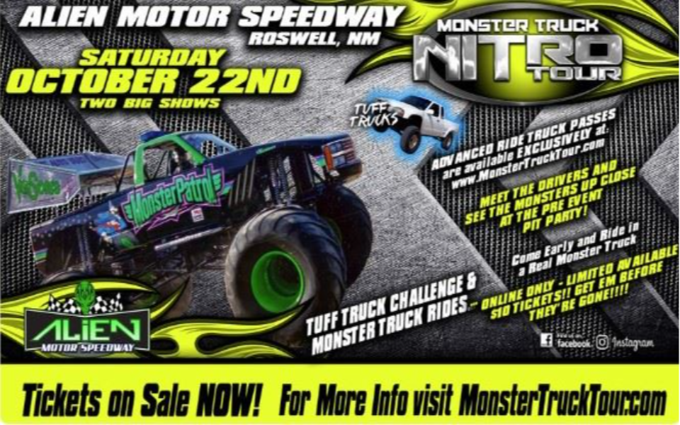 event banner with details and a monster truck on it