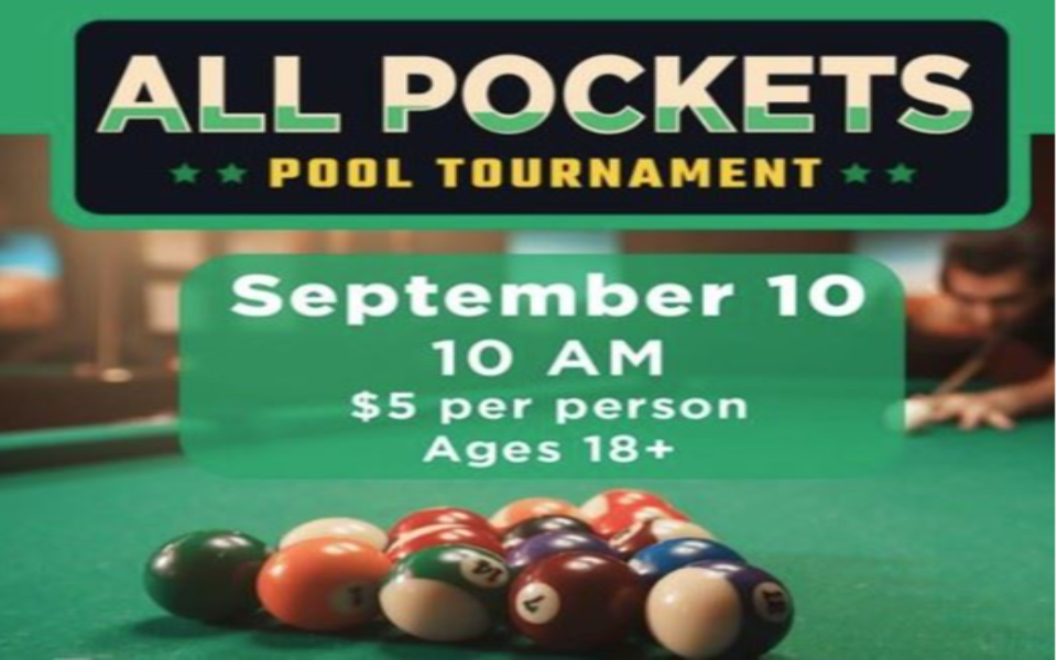 Pool Tournament banner with event details and person playing pool