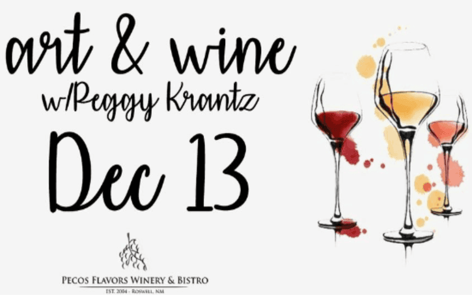 Art & Wine with Peggy Krantz event text pictured with three wine glasses