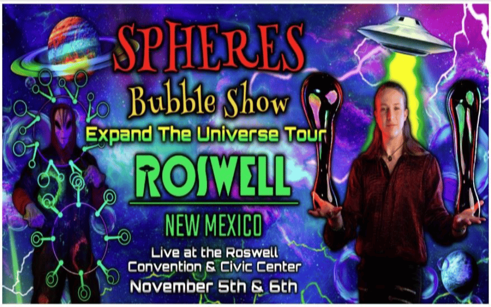 Spheres Bubble Show event banner with details and photo of performer