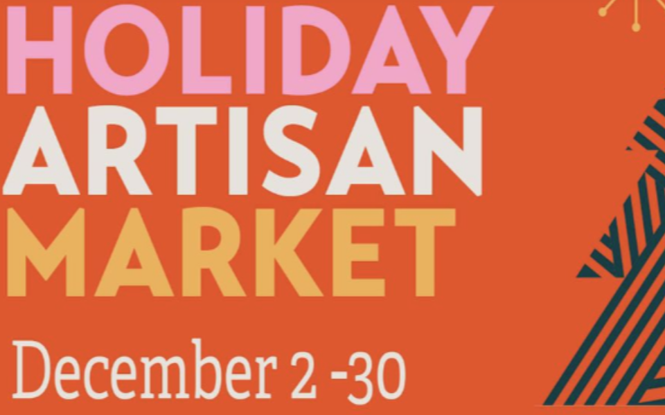 holiday artisan market event text in front of an orange background and christmas tree