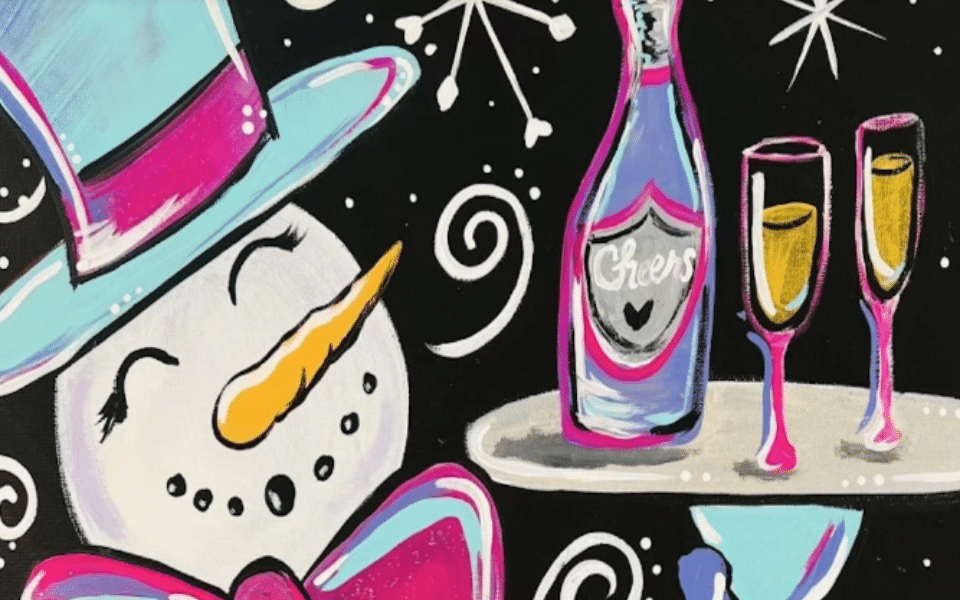 A snowman holding a plate of wine and two wine glasses, an event image
