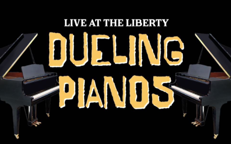 Two pianos facing each other pictured with event text for Dueling Pianos
