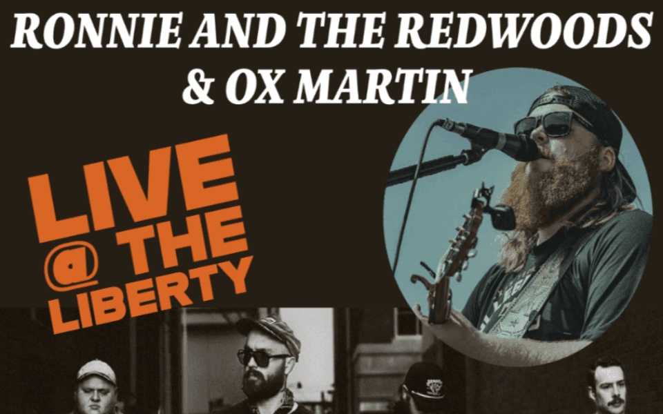 Ronnie and the Redwoods and Ox Martin standing on stage with event text pictured next to them