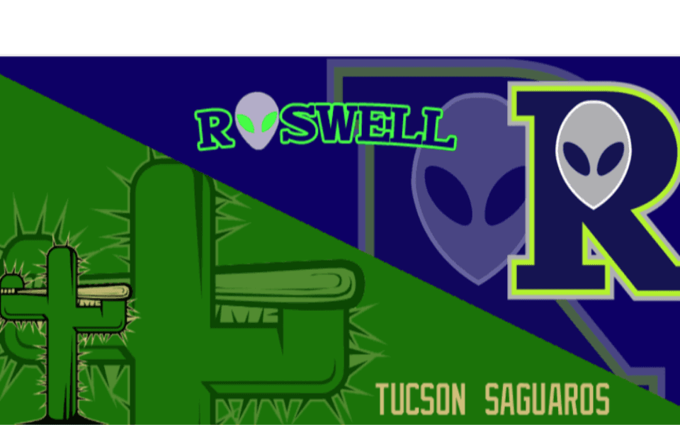 Roswell Invaders and Tucson Saguaros Logos pictured next to each other