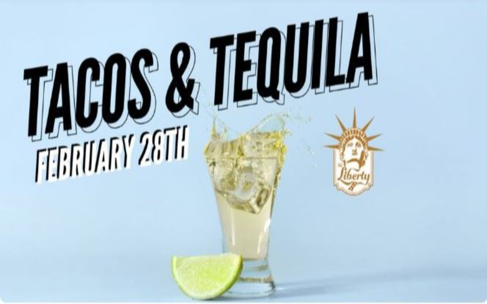 Tacos & Tequila banner with a shot glass and a wedge of lime