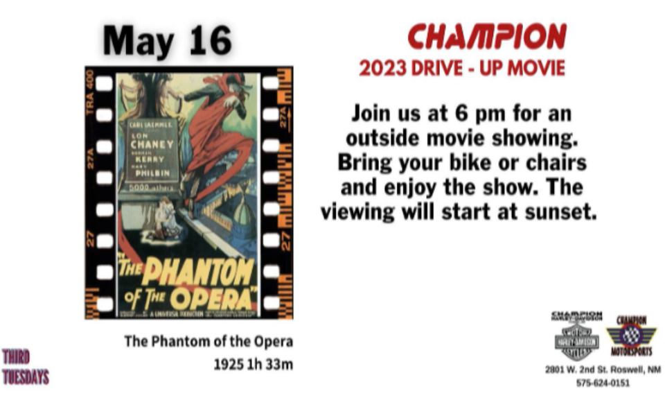 white back ground with a vintage movie poster of the phantom at the opera and event text