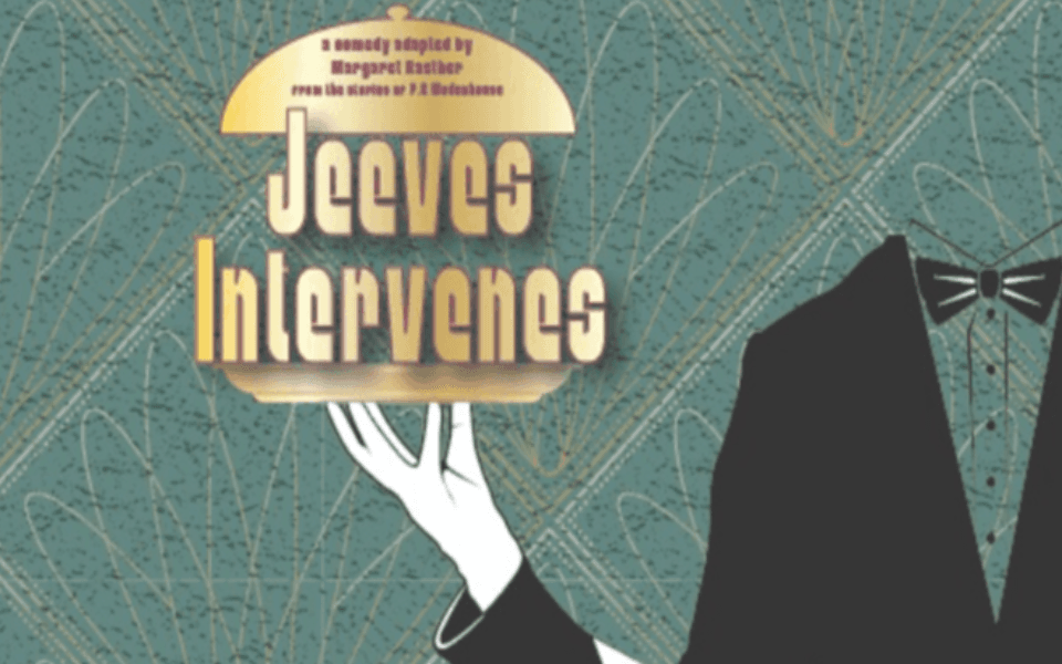 a blue/green back ground with a waiter holding up a tray that says, "Jeeves Intervenes"
