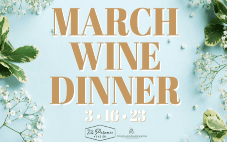 A blue back ground with white flowers and event text that reads "March Wine Dinner"