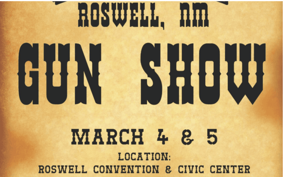 A yellow back ground, looks like old paper, with event text for the March Roswell Gun Show