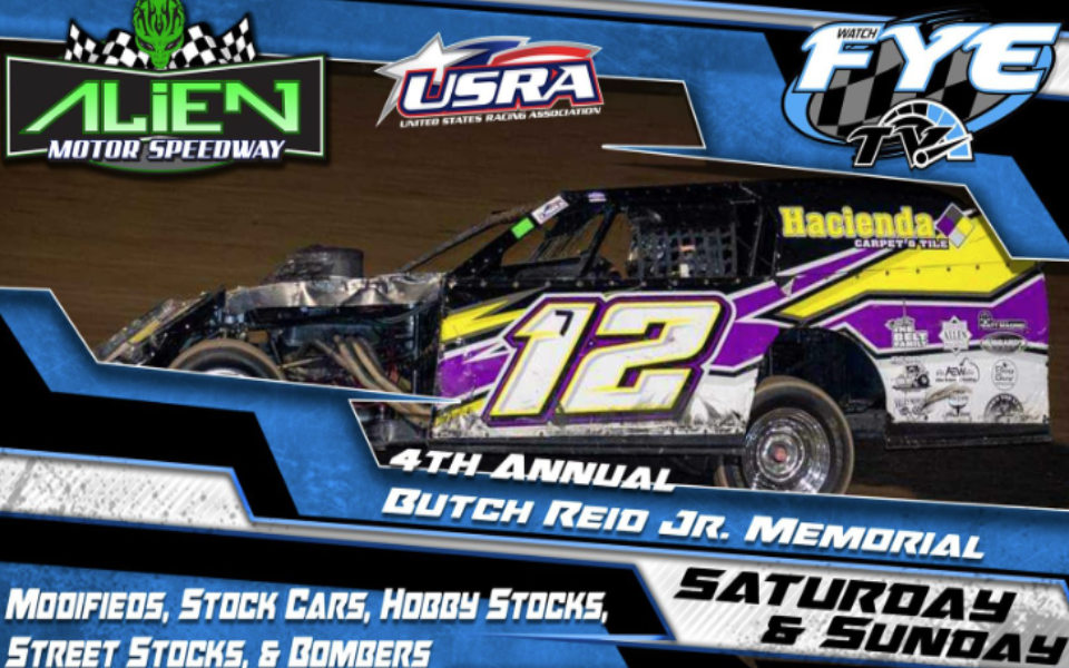 Blue and black outlines around a purple and yellow race car. The car is pictured driving on a dirt track with event text surrounding it.