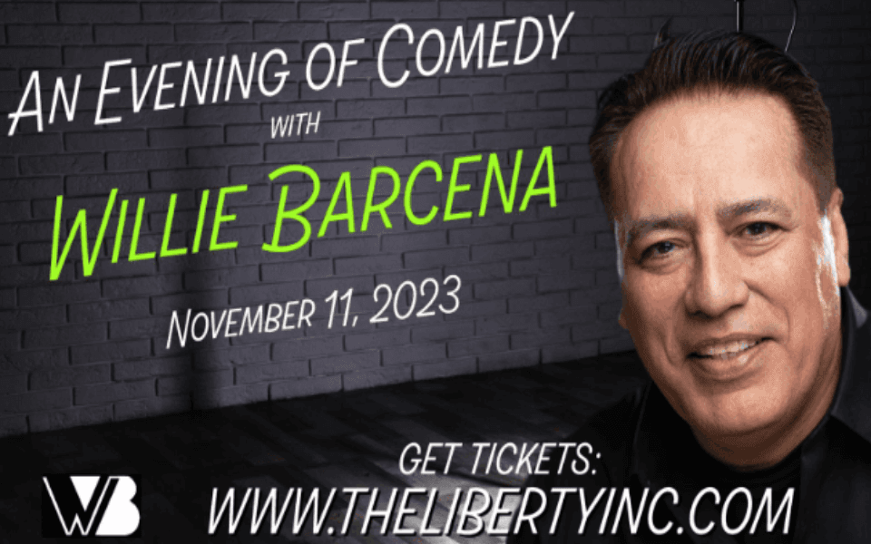 Willie Barcena pictured in front of a gray back ground that has white and green event text on it.