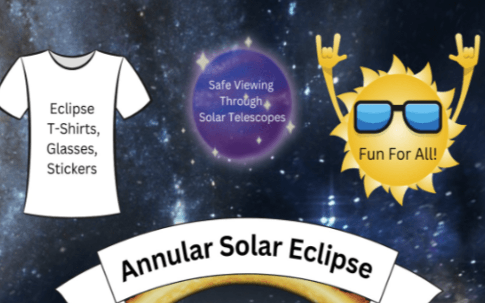 Space back ground with a white t-shirt, sun, and purple planet on top. Pictured with event text.