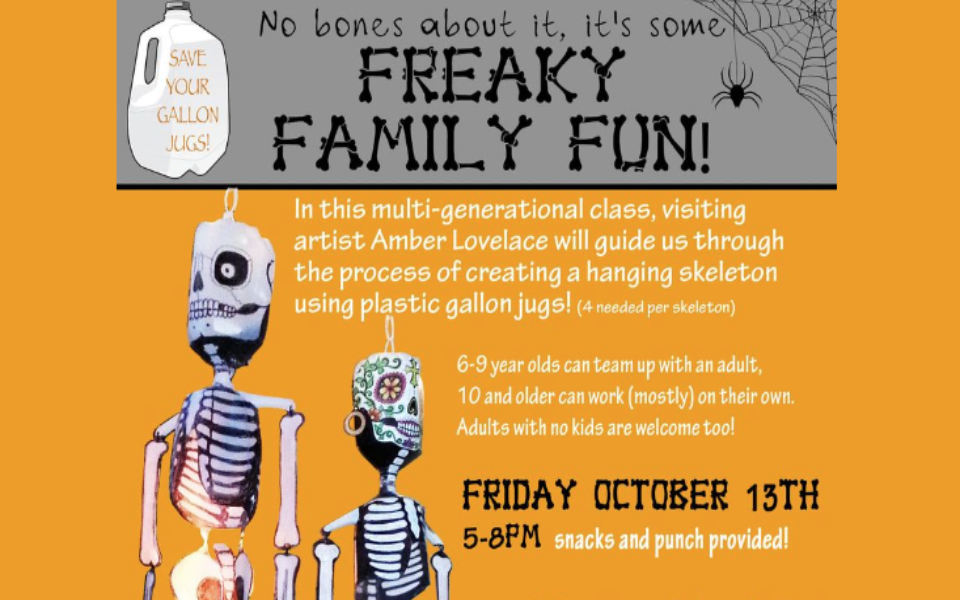 An orange back ground with two crafted skeletons on top. Pictured with event text for a halloween craft event.