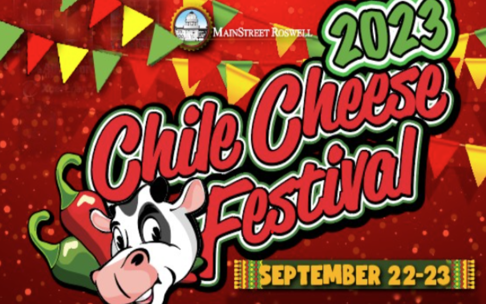 Red back ground with a cow and festival decor on top. Pictured with red and green event text for the 2023 Chile Cheese Festival