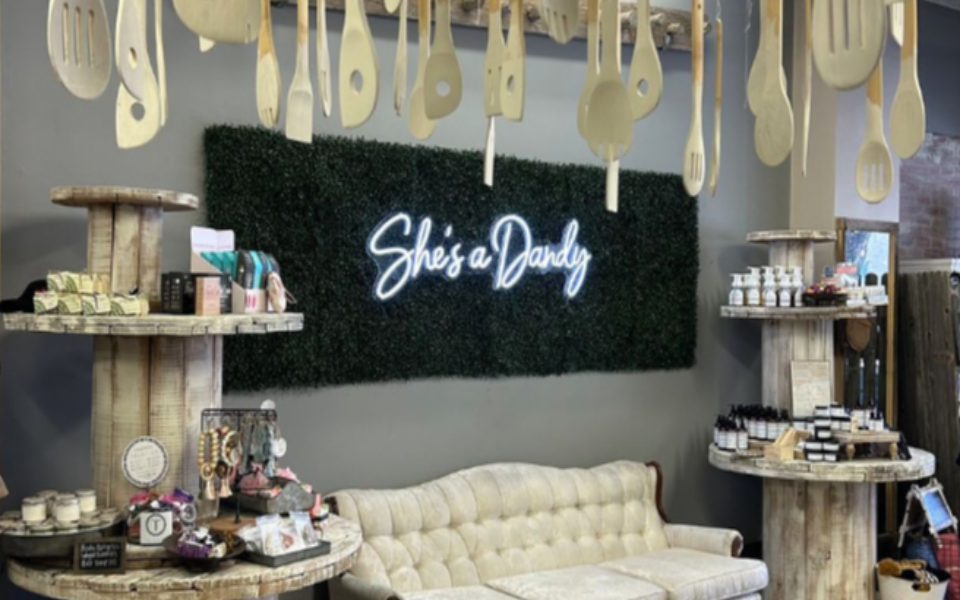A gray room, a white couch, a black sign that reads, "She's A Dandy," and other decor pictured.