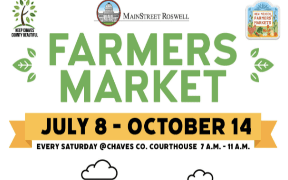 White back ground with "Farmers Market" in green text and "July 8 - October 14" in black text on top of a yellow ribbon.