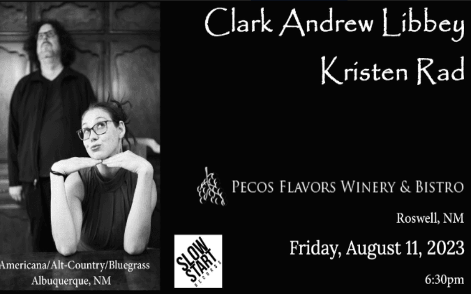 Kristen Rad and Clark Andrew Libbey pictured on top of a black back ground and with white event text.