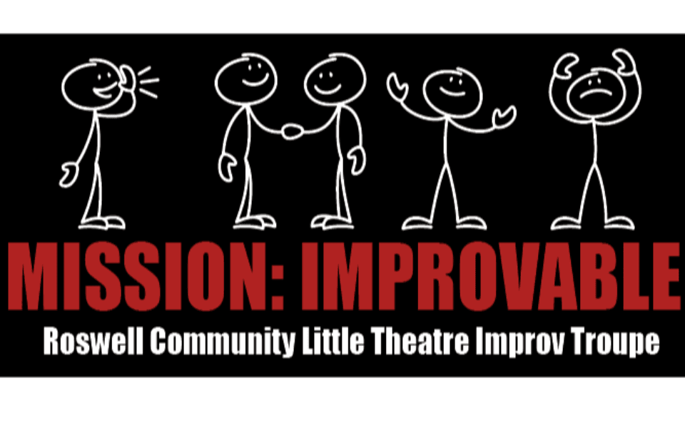 A white bar at the top and bottom. A black back ground with five white stick-figures drawn on top. Pictured with "Mission: Improvable" in red text.