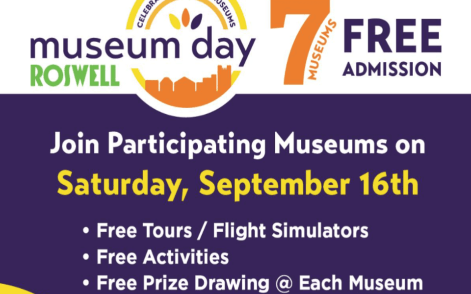 Purple/White back ground with the "Museum Day Roswell" logo pictured. Below is event text.