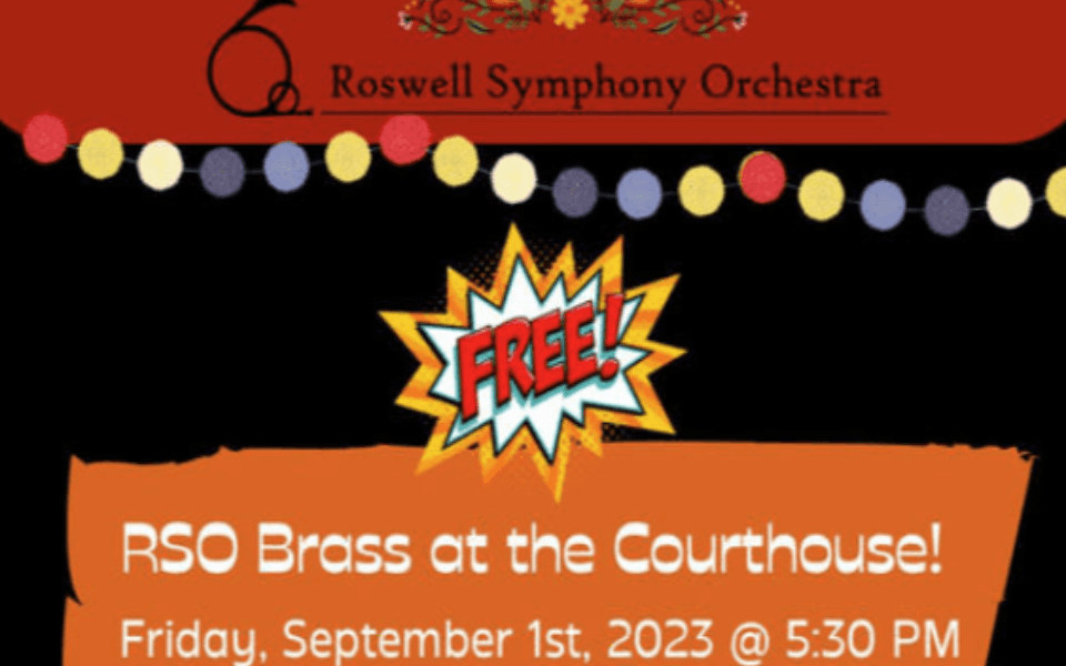 A black back ground with a red and oranged bar across it. Pictured with event text for a free orchestra performance.