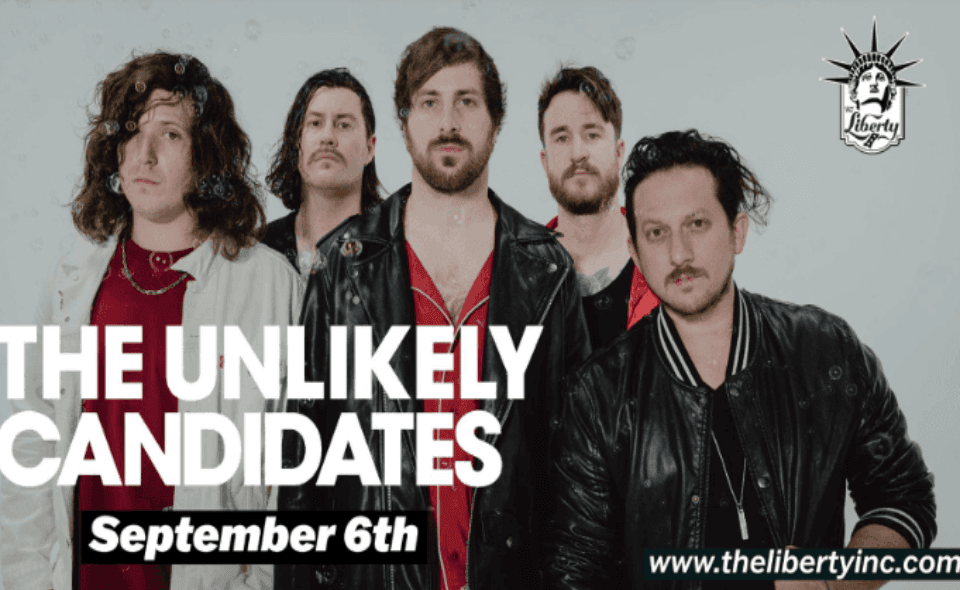 The Unlikely Candidates/Elektric Animals Members pictured in front of a light gray back ground and with event text.
