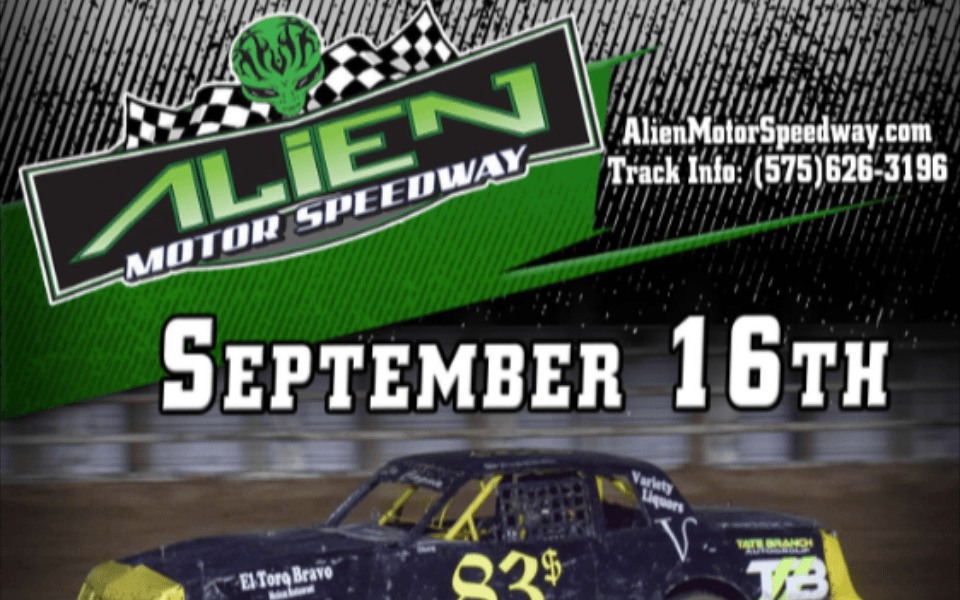 Image of a black and yellow racing car on a dirt track. Pictured with the Alien Motor Speedway's Logo and event text for a Saturday Night Racing event.