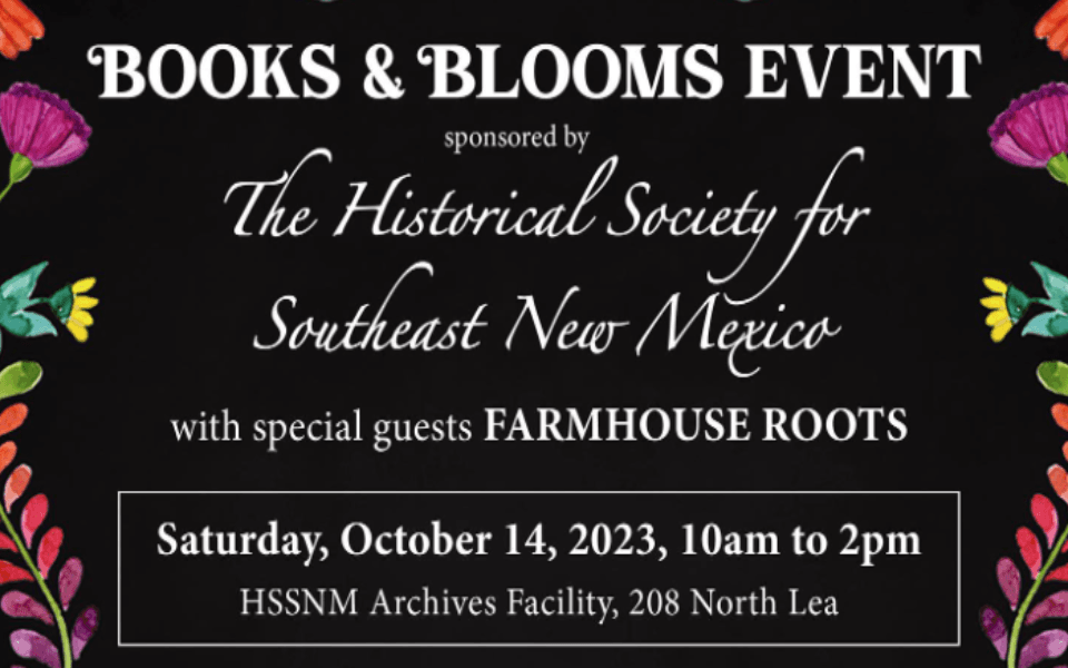 A black back ground with white event text for a book selling & signing event. Pictured with flower decor on the sides.