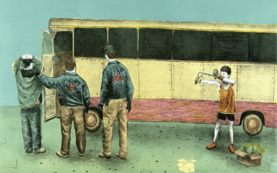 A yellow bus is pictured with four people in front of it. Two are police officers taking another into the bus. The last is a child sling-shotting cacti towards the officers.