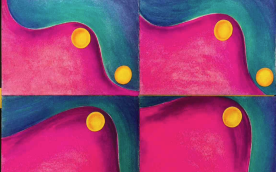 Four images of pink, purple, yellow, and blue art. It is an image for an artist exhibition at the Anderson Museum.