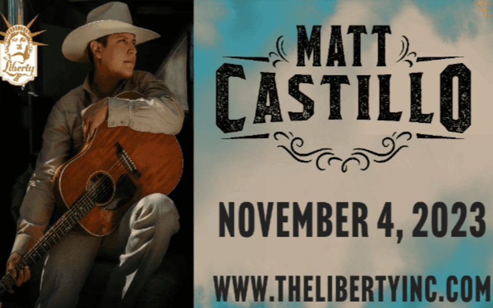 Matt Castillo pictured left with his guitar. On the right is a cloudy sky back ground with event text for his live music night.