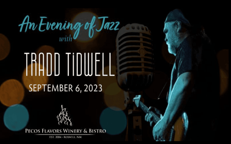 Tradd Tidwell on stage performing. Pictured with event text for live Jazz.