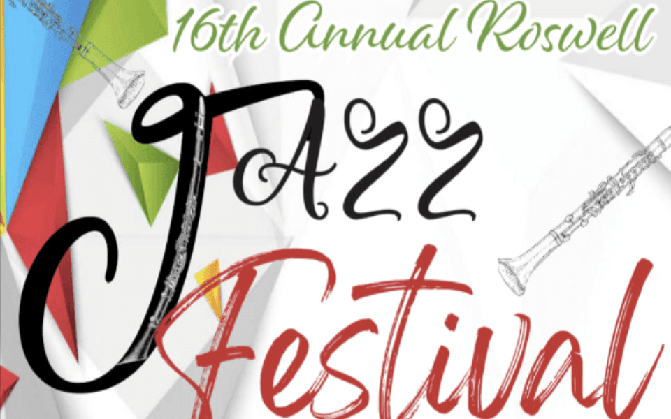 White, artistic back ground with "16th Annual Roswell Jazz Festival" in green, black, and red text on top. Serves as the image for the 2023 Roswell Jazz Festival.