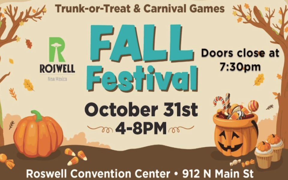 Fall trees and outdoor scenery pictured with pumpkins and event text for the 2023 Roswell Fall Festival.
