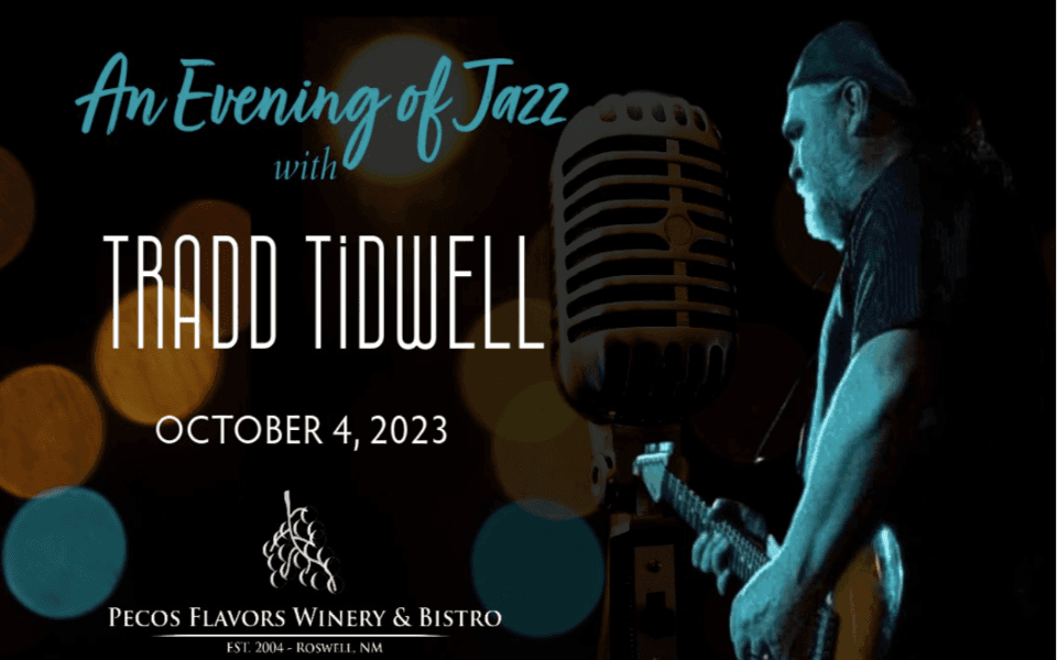 Tradd Tidwell performing on stage, and he is pictured with event text for his live jazz music event.