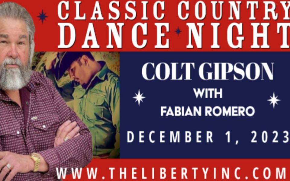 Colt Gipson and Fabian Romero pictured on the left with red and blue banners. Pictured to the right is event text for the Country Dance Night.