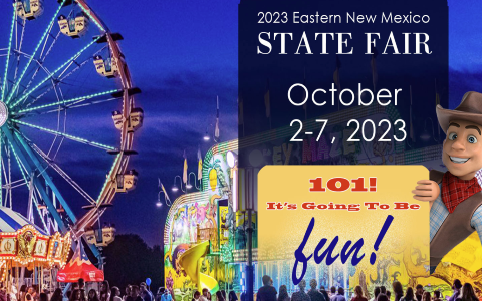 Image of fairgrounds as the background. Pictured with a cowboy and event text for the 2023 Eastern New Mexico State Fair dates.