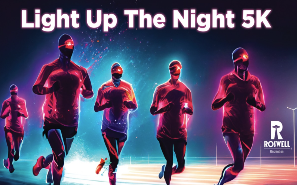An image of five neon pink runners running forward. Pictured with text that reads "Light Up The Night 5K."