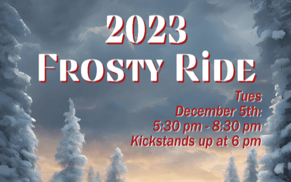 Image of snowy trees and a sunset horizon. Pictured with event text for a 2023 Frosty Ride.