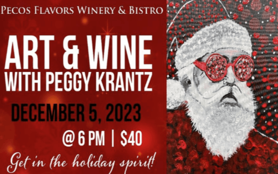 Santa Claus pictured with a red, sparly back ground and event text for an art & wine event.