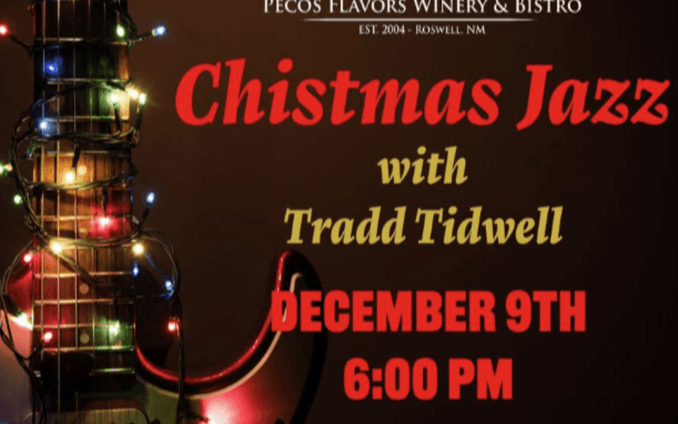 "Christmas Jazz with Tradd Tidwell" text pictured next to a guitar wrapped in Christmas lights.